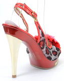  Red Leopard Jeweled Broach Platform Slingback Peep toe Heels