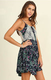 Navy Blue Floral Print Sleeveless Sheer Lace Dress