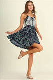 Navy Blue Floral Print Sleeveless Sheer Lace Dress