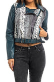 Animal Faux Fur Dark Teal Vegan Leather Cropped Jacket