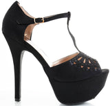  Peep Toe Black Vegan Suede Cut-out Teardrop T-Strap Platform Pump Heels