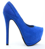 Blue Rhinestone Faux Suede Stiletto Platform Pump Heels