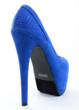 Blue Rhinestone Faux Suede Stiletto Platform Pump Heels