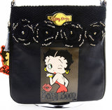 Betty Boop Retro Black Faux Leather Knit Floral Detail Cross Body Bag