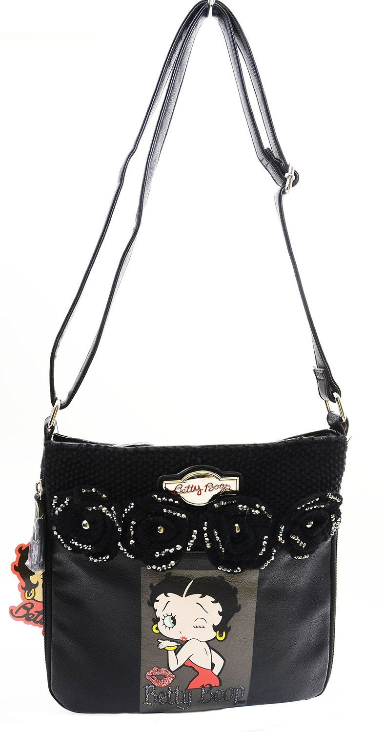 Betty Boop Retro Black Faux Leather Knit Floral Detail Cross Body Bag