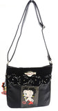 Betty Boop Retro Black Faux Leather Knit Floral Detail Cross Body Bag