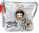 Betty Boop Silver Faux Leather Floral Detailed Rhinestone Studded Cross Body Bag