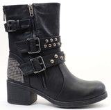  Studded Buckle Zipper Combat Military Women's Vegan Boots