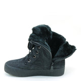 Fur Lining Distressed Canvas Sneaker Zipper Women's Vegan Bootie