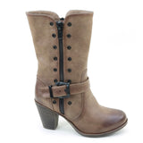 Distressed Mid-calf Buckle Chunky Heel Women's Vegan Boots