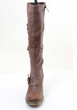  Brown Strappy Buckle Riding Women's Vegan Knee Chunky Heel Boots