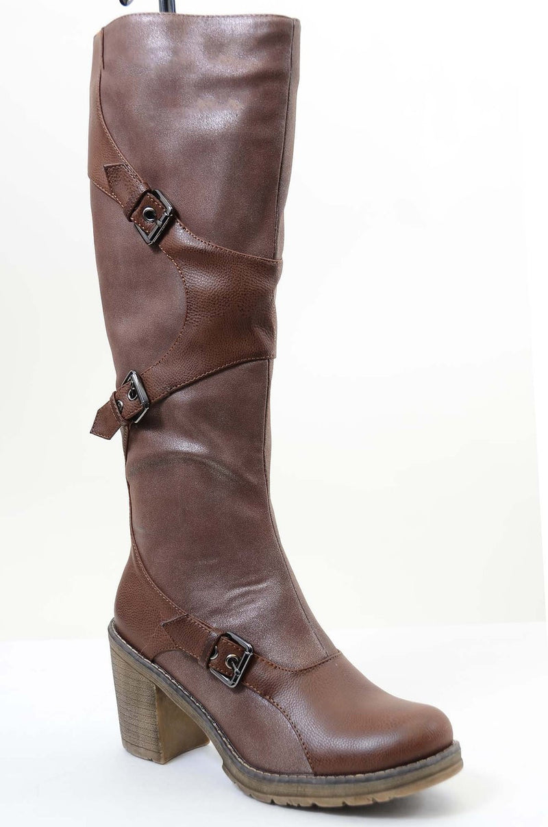  Brown Strappy Buckle Riding Women's Vegan Knee Chunky Heel Boots