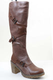  Brown Strappy Buckle Riding Women's Vegan Knee Chunky Heel Boots