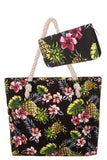 Pineapple Floral Black Canvas Tote Bag Purse & Wallet Set