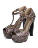 Breckelle Pink Multi Snakeskin Peep Toe T-Strap Platform Vegan Heels