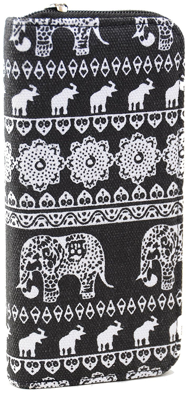 Elephant Boho Black White Cute Bi-Fold Vegan Leather Wallet