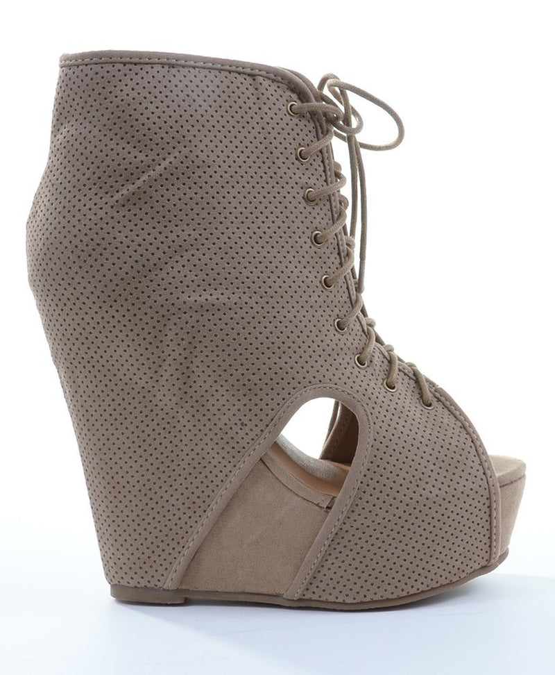 Tilda-07 Faux Suede Perforated Peep-Toe Wedge Bootie