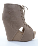 Tilda-07 Faux Suede Perforated Peep-Toe Wedge Bootie