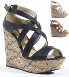 Tribal Print Strappy Open Toe Platform Wedge