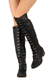  	Military Lace Up Over the Knee High Boots Vegan Leather Black