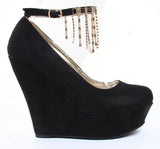 Jeweled Rhinestone Anklet Vegan Suede Platform Wedge