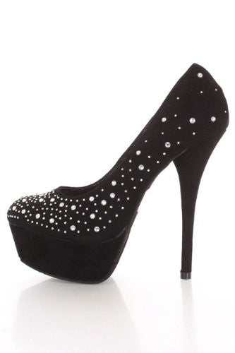 Yanilla-1 Black Faux Suede Rhinestone Detailed Pump Heels