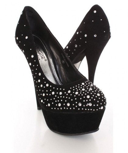 Yanilla-1 Black Faux Suede Rhinestone Detailed Pump Heels