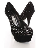 Yanilla-1 Black Faux Suede Rhinestone Detailed Pump Heels