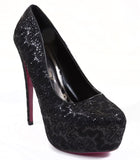 Lace Overlay Glitter Almond Toe Stiletto Platform Pump