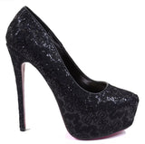 Lace Overlay Glitter Almond Toe Stiletto Platform Pump