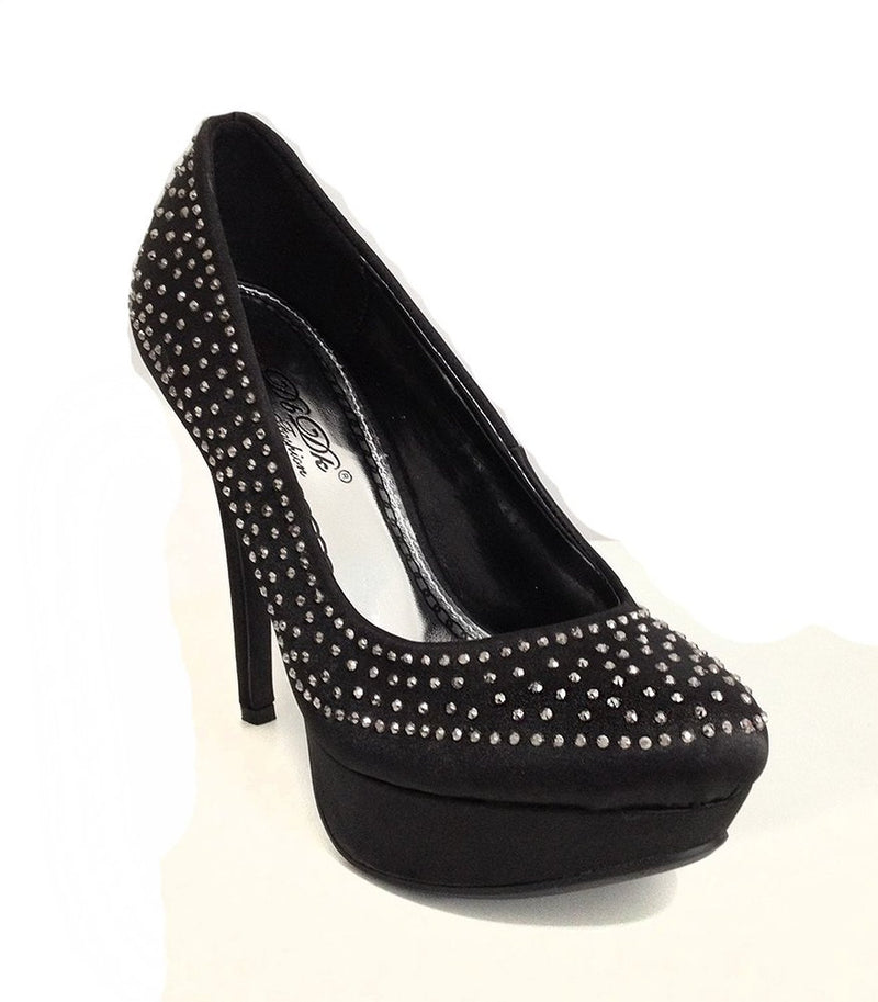 Black Satin Rhinestone Formal Platform Pump Stiletto Heels