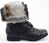 Fur Cuff Military Lace Up Vegan Boot Black