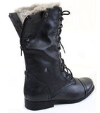 Fur Cuff Military Lace Up Vegan Boot Black