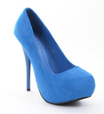 Blue Faux Suede Round Close Toe Platform Pump Heels