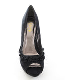 Black Ruffle Trim Vegan Suede Women's Peep-toe Pumps