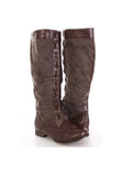 Brown Faux Distressed Leather Woven Trim Zipper Front Riding Boots