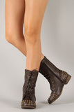 Brown Studded Military Inspired Lace Up Mid Calf Boot Libby02