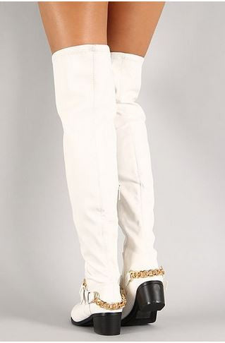 White Leatherette Ankle Chain Buckle Thigh High Riding Boot