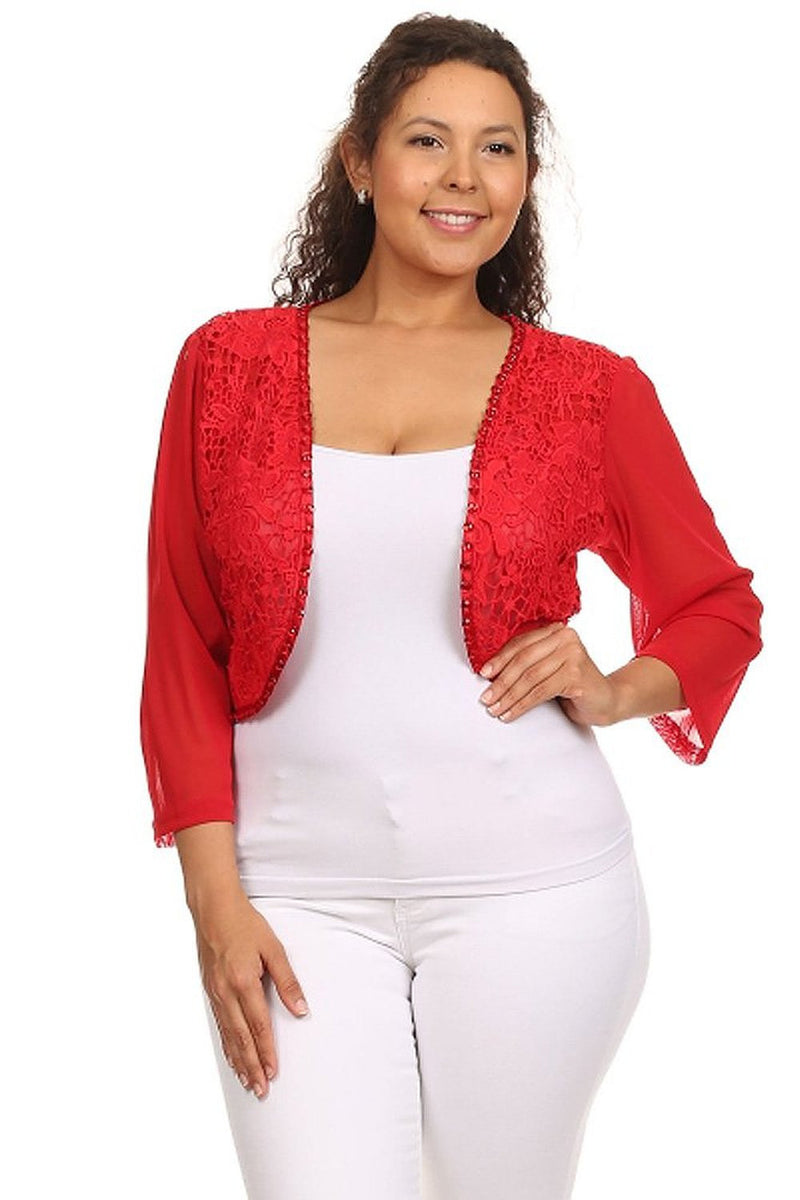  Floral Sequin Crochet Plus Size Bolero Open Front Jacket Red or White