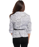 Black and White Abstract Animal Leopard Printed Collared Jacket Womens