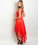 Elegant Red Taffeta High Low Lace Trim Evening Dress