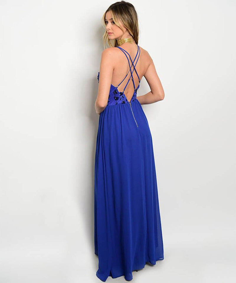 Royal Blue Floral Sequin Strappy Evening Maxi Dress