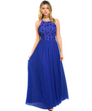 Royal Blue Floral Sequin Strappy Evening Maxi Dress