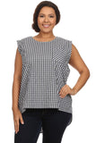 Plus Size Black Gingham Plaid Cap Sleeve Hi-Lo Top 