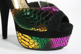 Black Multi Foil Snake Texture Faux Suede Double Buckle Platform Heels