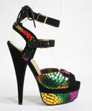 Black Multi Foil Snake Texture Faux Suede Double Buckle Platform Heels