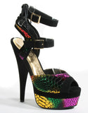 Black Multi Foil Snake Texture Faux Suede Double Buckle Platform Heels