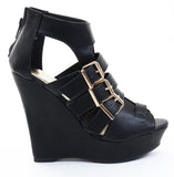 Buckle Strappy Peep Toe Platform Vegan Wedges Black