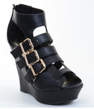 Buckle Strappy Peep Toe Platform Vegan Wedges Black