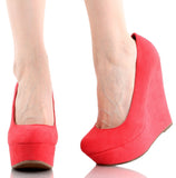  Faux Suede Round Toe Platform Women Wedge Pumps